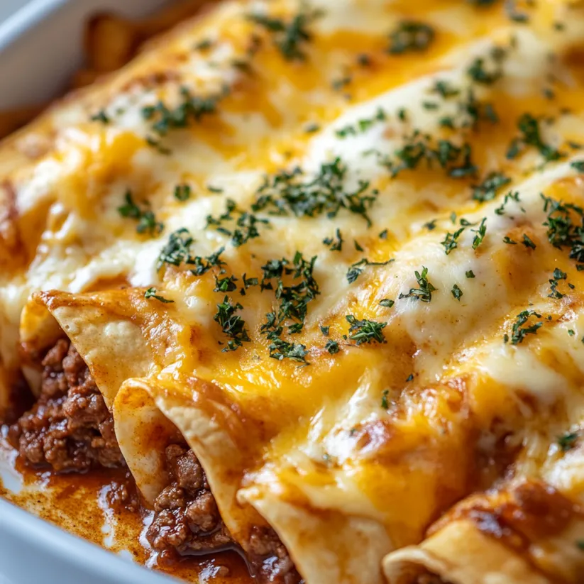 A dish of food with the words "Southern Breakfast Enchiladas with Sausage Gravy – The Ultimate Comfort Breakfast" written on it.