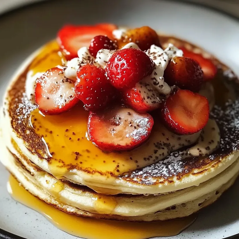 A stack of pancakes with strawberries on top.