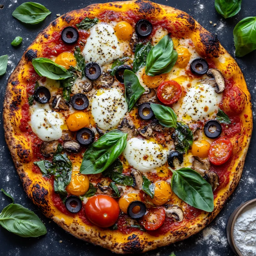 A pizza with mushrooms, olives, tomatoes, and spinach.