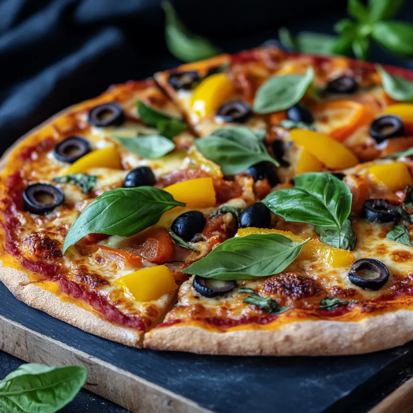 A pizza with a variety of toppings.