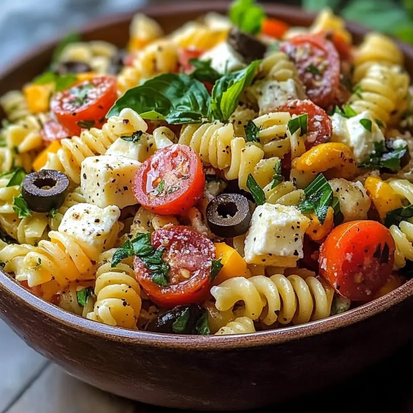 A bowl of pasta salad with tomatoes, olives, and basil.