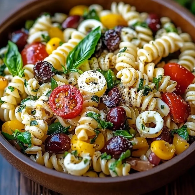 A bowl of pasta salad with tomatoes, olives, and basil.
