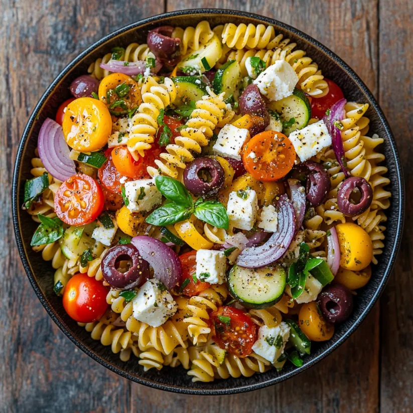 A bowl of pasta with tomatoes, cucumbers, and olives.