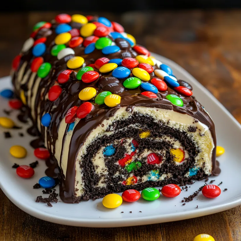 A delicious M&Ms Ferrero Oreo roll cake.
