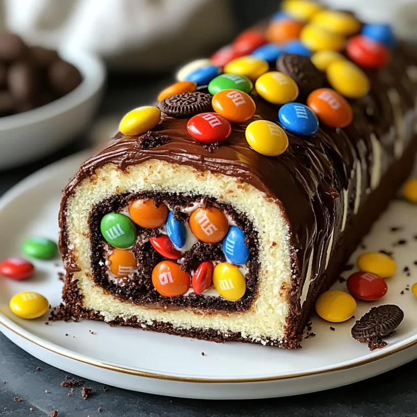 A cake with M&Ms and Oreos on it.