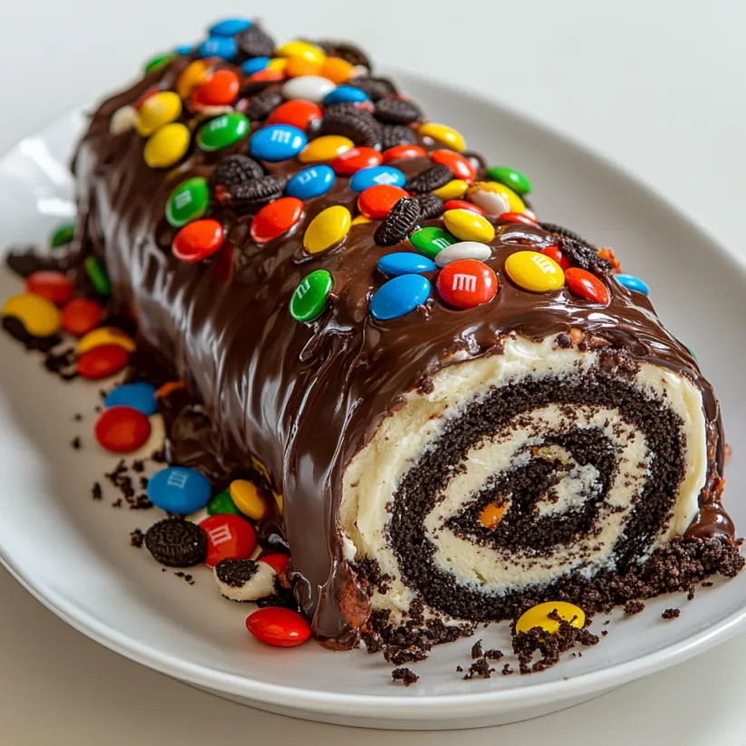 A delicious M&Ms Ferrero Oreo roll cake.