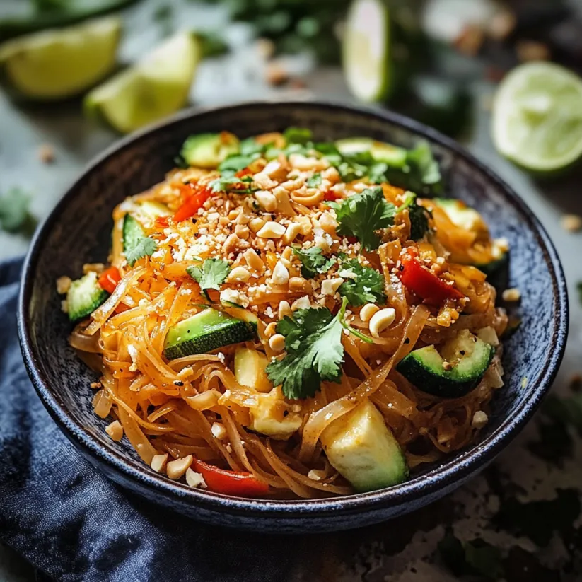 A bowl of Pad Thai with vegetables.