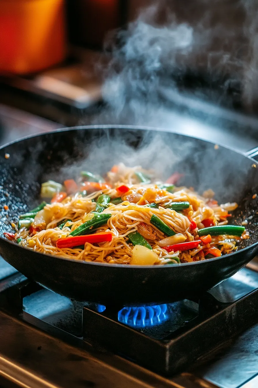 A pan of Pad Thai with vegetables.