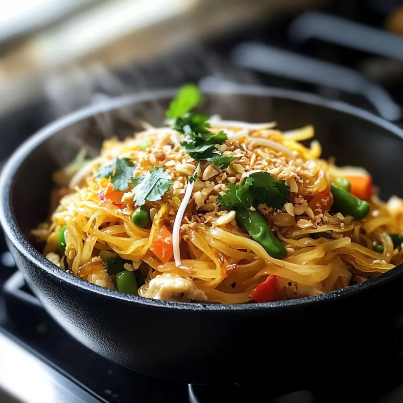 A bowl of Pad Thai with vegetables and noodles.