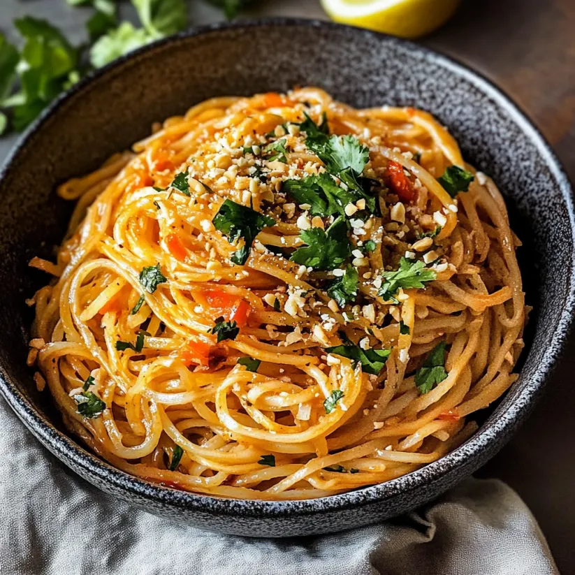 A bowl of spicy Thai peanut noodles.