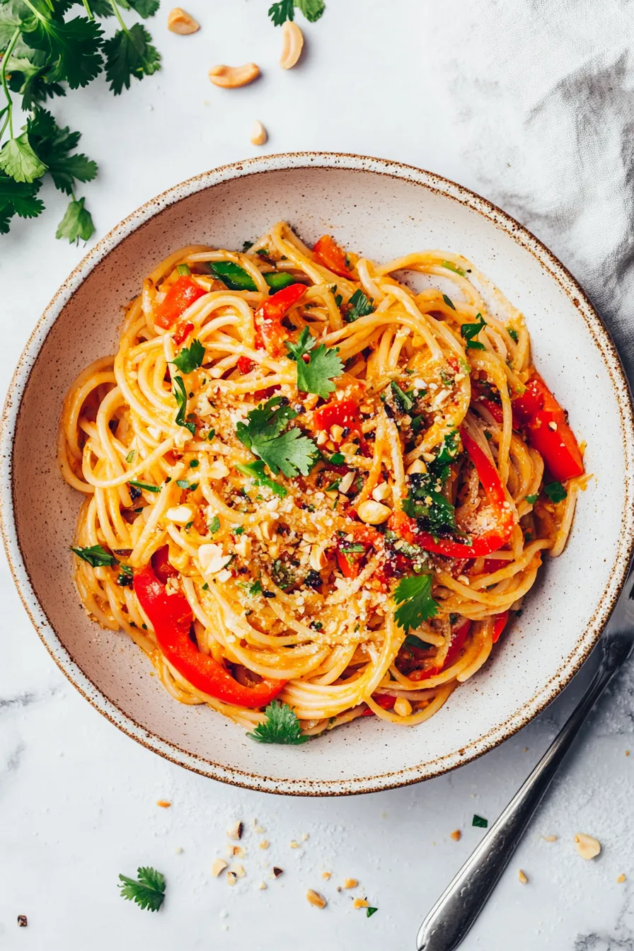 A bowl of spicy Thai peanut noodles.