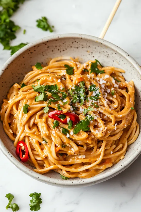 A bowl of spicy Thai peanut noodles.