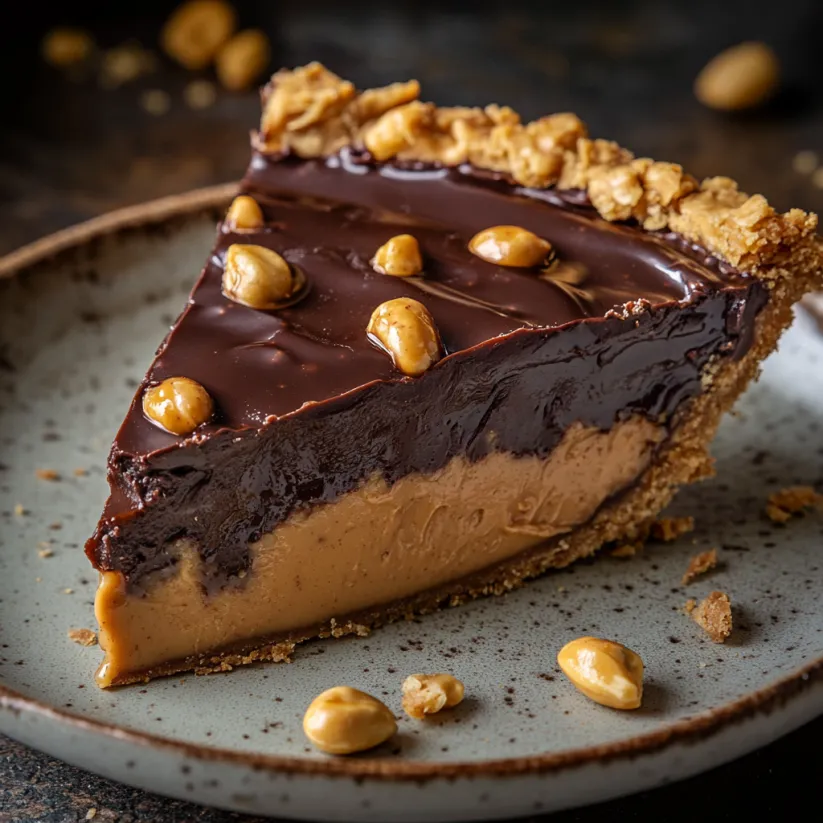 A slice of chocolate peanut butter pie.