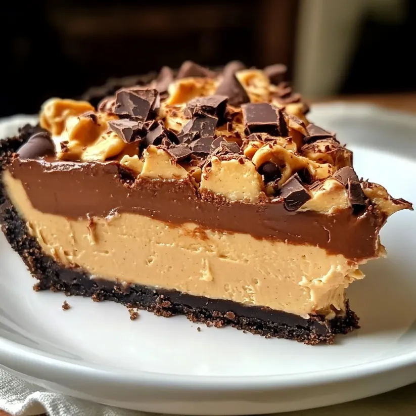 A slice of pie with chocolate and peanut butter toppings.
