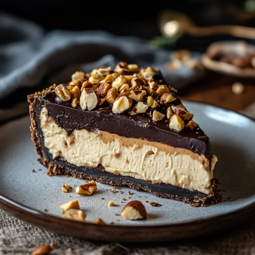 A slice of chocolate peanut butter pie.