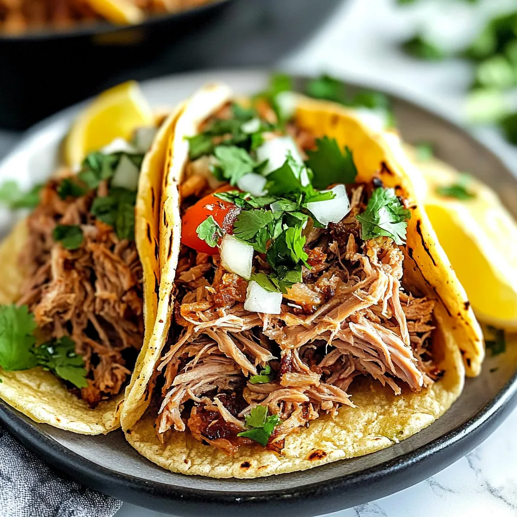 A plate of slow-cooked carnitas with a lemon wedge on the side.