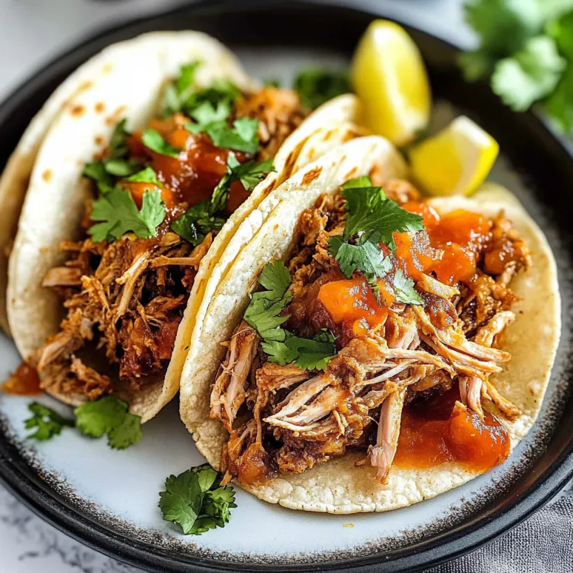 Two tacos with pulled pork and a lemon wedge.