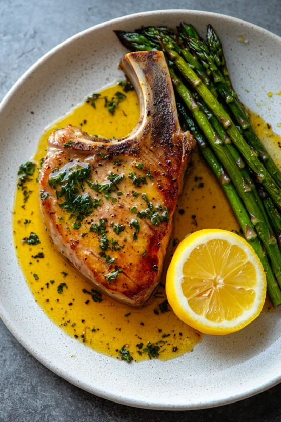 A plate of pork chops with lemon butter sauce.