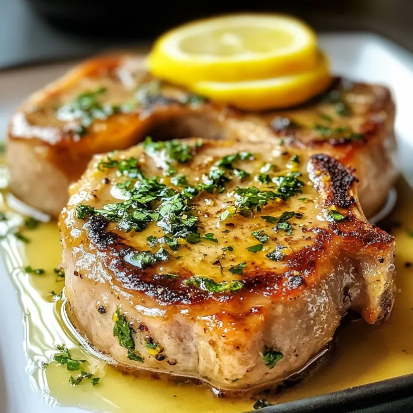 A plate of pork chops with lemon and butter.