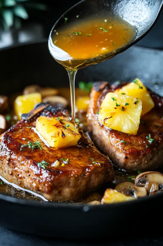 Pineapple glazed pork chops in a pan.