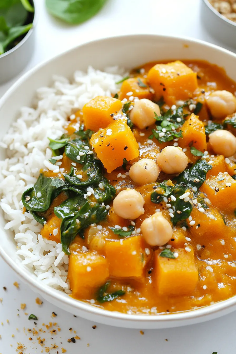 A bowl of butternut squash curry with rice.
