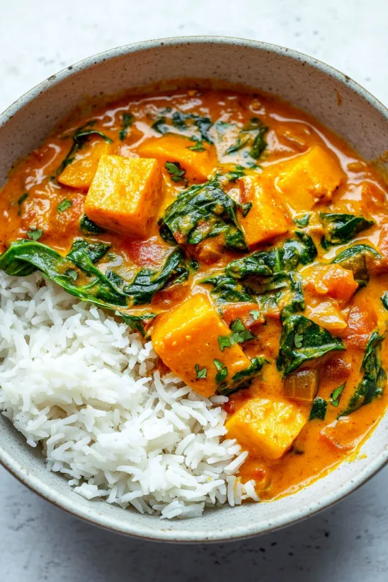 A bowl of butternut squash curry with rice and greens.