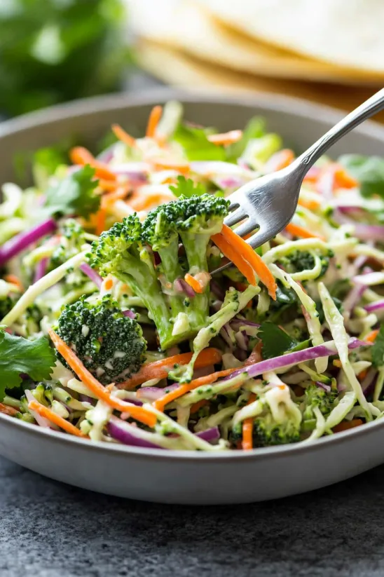 A fork is in a bowl of salad.