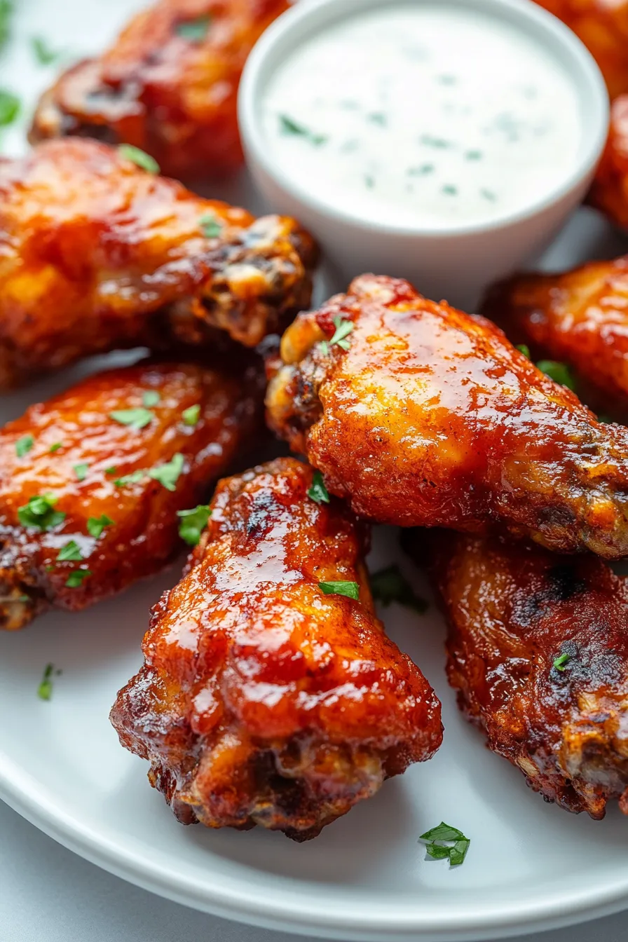 Air fryer chicken wings with sauce.