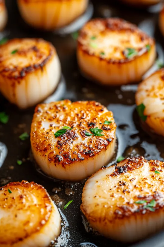 A pan of scallops cooked to perfection.