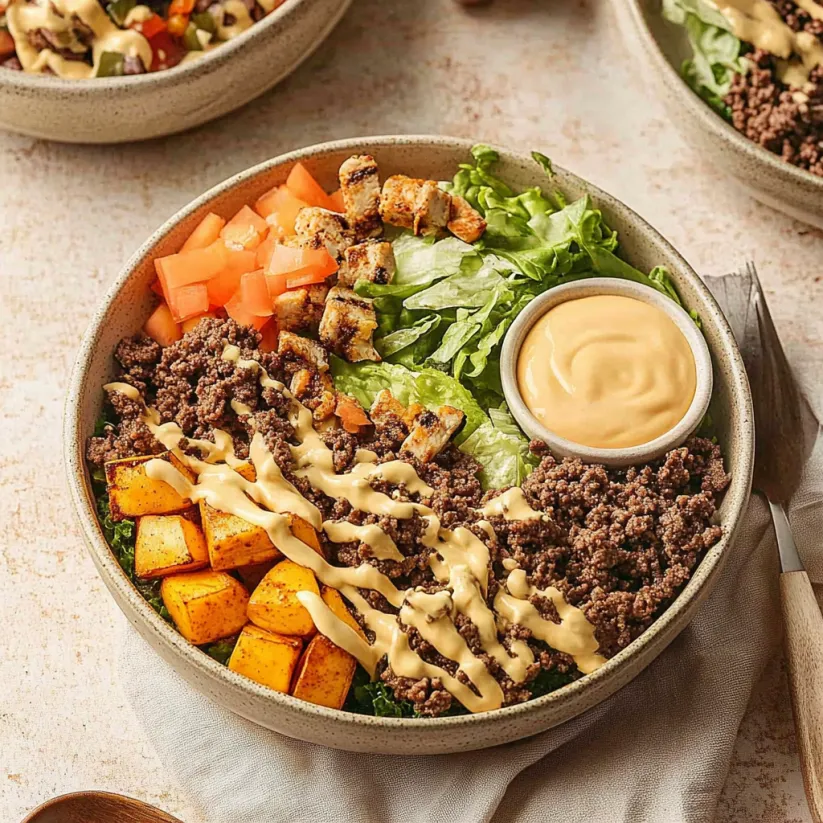 A bowl of food with a fork and knife on the side.