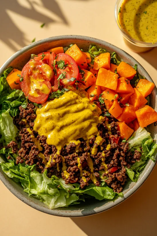 A bowl of food with a burger and vegetables.