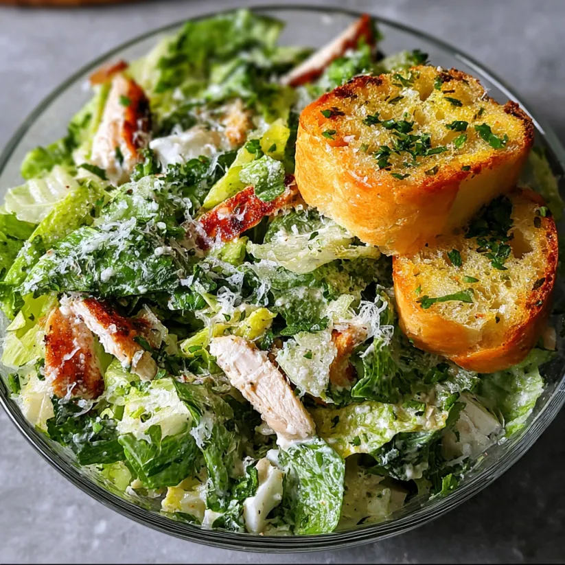 A bowl of chicken Caesar salad with garlic bread.