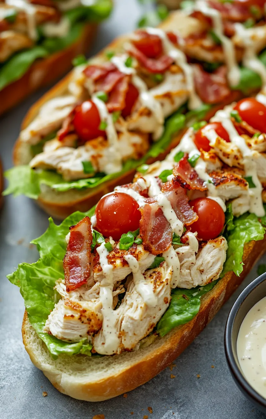 A sandwich with chicken, bacon, tomatoes, lettuce, and garlic sauce.