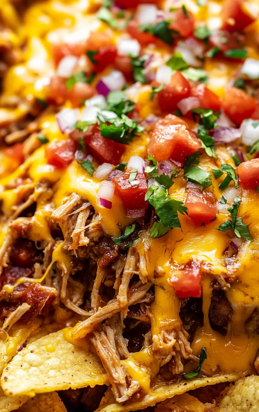 A plate of BBQ chicken nachos with tomatoes and onions.
