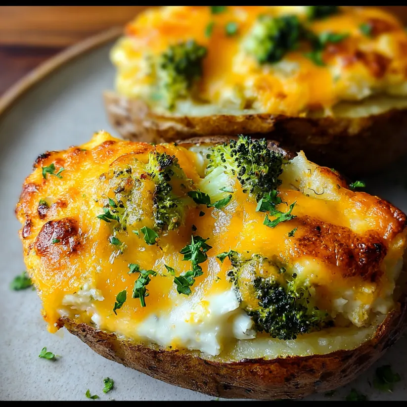 A close up of a cheesy broccoli twice-baked potato.
