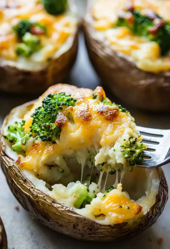 A close up of a baked potato with broccoli and cheese.