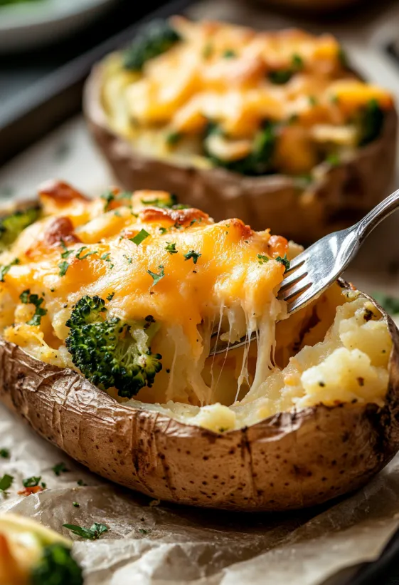 A fork is stuck in a cheesy broccoli dish.