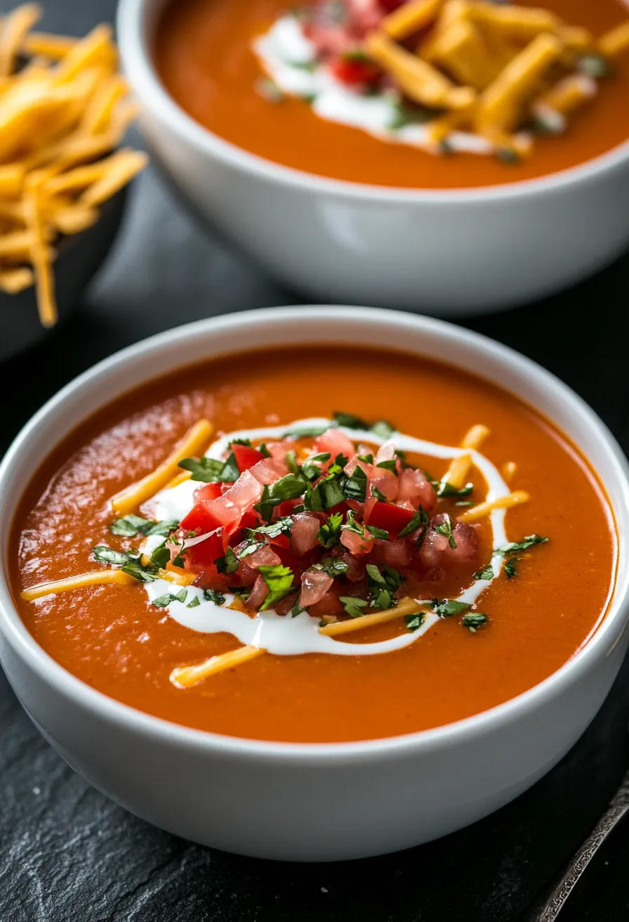 A bowl of chicken enchilada soup with tomatoes and cheese.