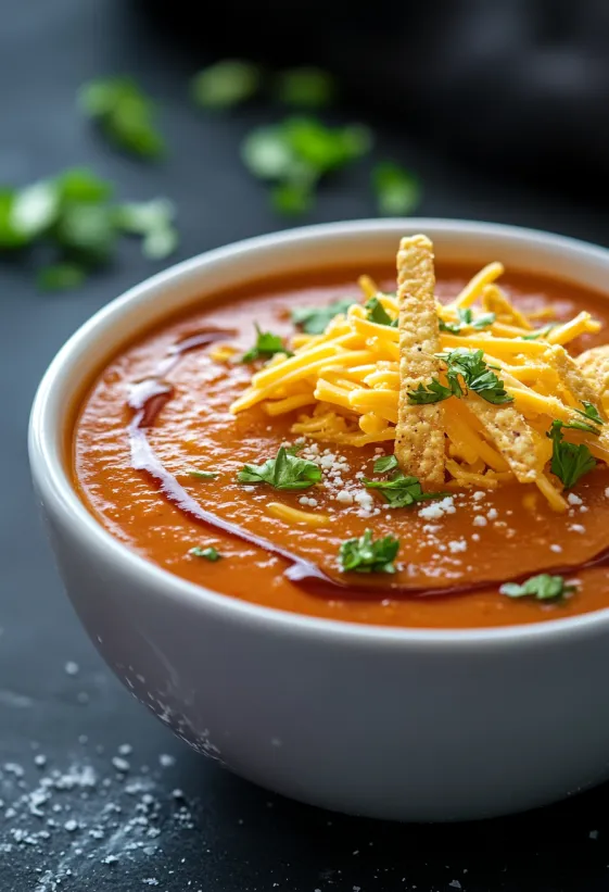 A bowl of chicken enchilada soup with cheese and chips on top.