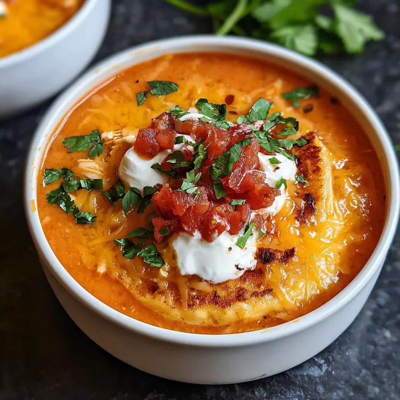 A bowl of chicken enchilada soup with a dollop of sour cream on top.
