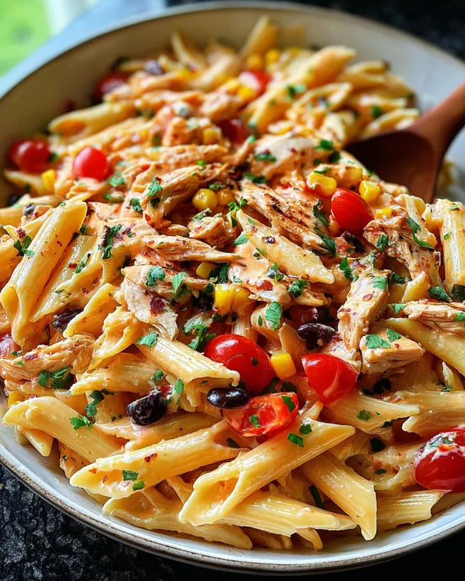 A bowl of BBQ Ranch Chicken Pasta Salad.