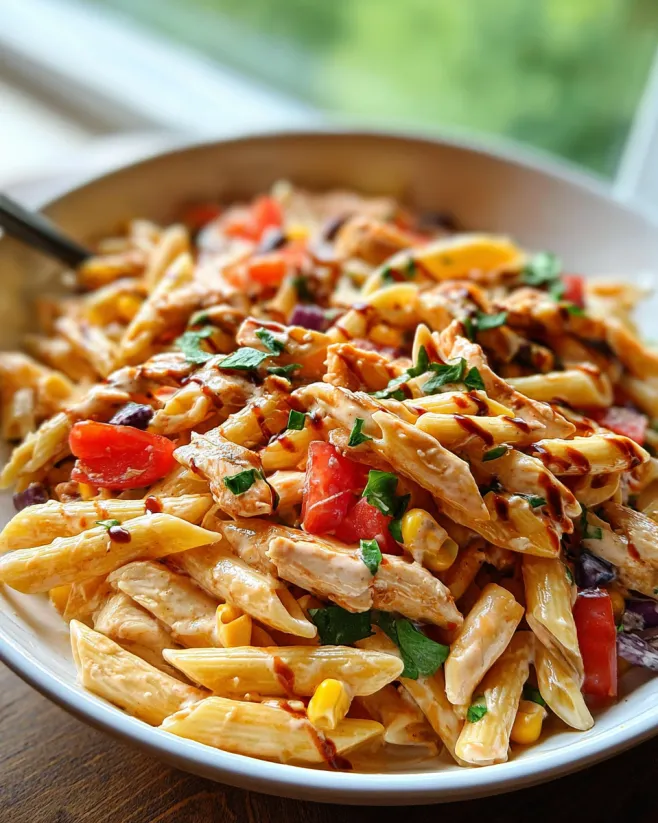 A bowl of BBQ Ranch Chicken Pasta Salad.