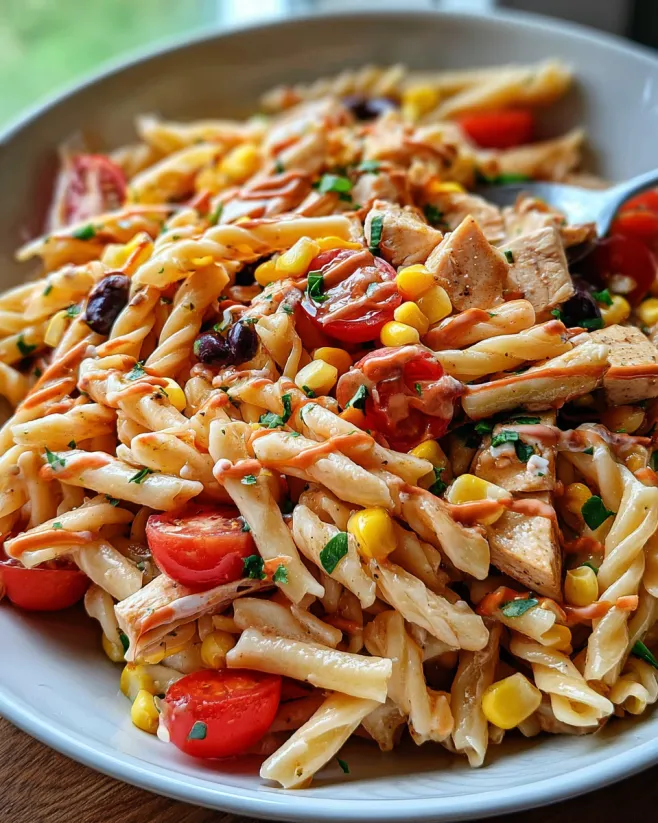 A bowl of BBQ Ranch Chicken Pasta Salad.
