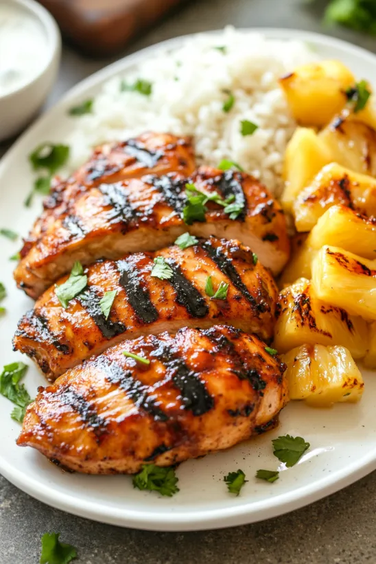 Grilled Huli Huli Chicken with rice and pineapple.