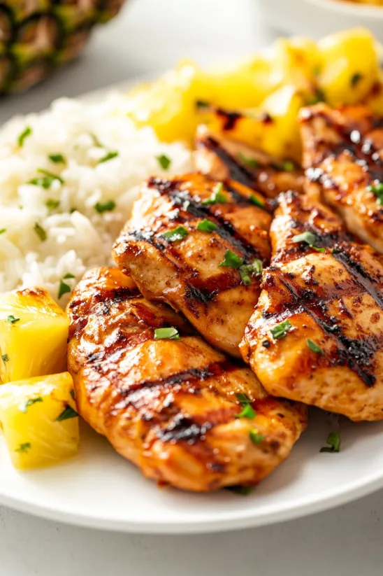 Grilled Huli Huli Chicken with rice and pineapple.