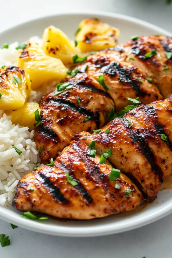 Grilled Huli Huli Chicken with rice and pineapple.