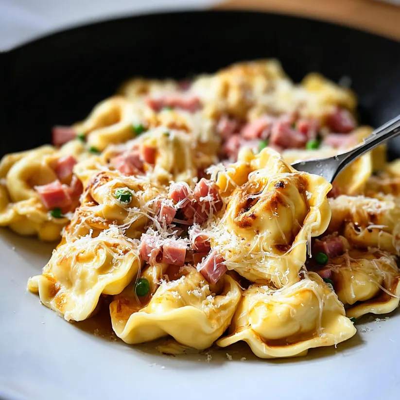 A plate of pasta with ham and cheese.