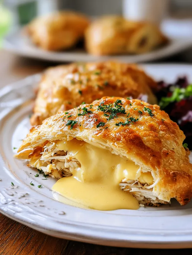 A plate of chicken pillows with sauce on top.
