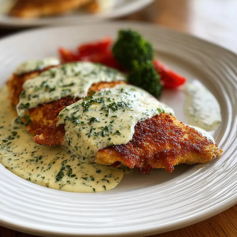 A plate of chicken in basil cream sauce.