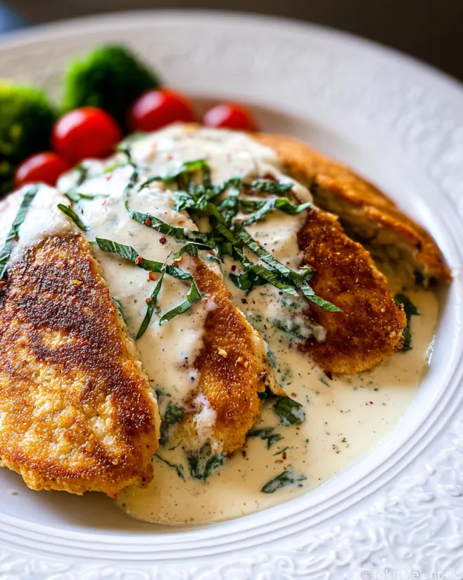A plate of chicken in basil cream sauce.